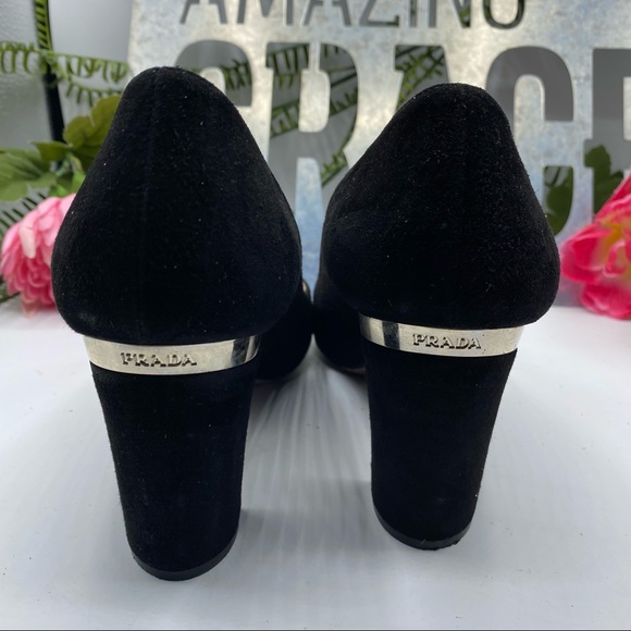 Prada Sz 10 1/2 Black Suede Captoe Silver Logo on Heel - Picture 5 of 10